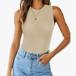 Sleeveless Ribbed Knit Top - Tan